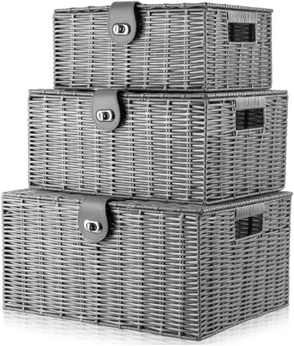 Opbergmand met deksel, set van 3, gevlochten met handgrepen, rechthoekige multifunctionele organizer voor speelgoed, cosmetica, badkamer, wasmanden, rek, grijze mand, gevlochten, groot