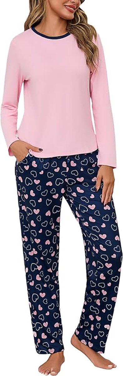 Pyjama dames lange katoenen pyjamaset tweedelige lange mouwen nachtkleding sleepwear ronde hals huispak pyjamabroek met hartpatroon