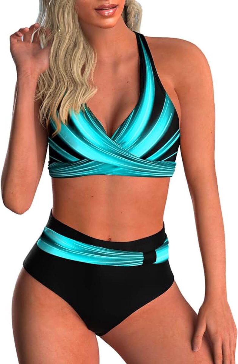 Sets hoge taille zwempak tweedelig badpak badmode push-up pads badpak crossover zwart bovendeel triangel strandmode sportieve badmode voor vrouwen