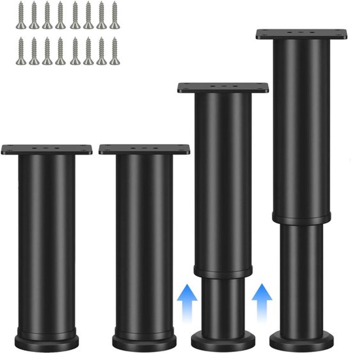 Verstelbare meubelpoten 4 stuks 12-18 cm zwart - Kastpoten voor commodes - In hoogte verstelbaar met schroeven - Voor bank, bed, tafel