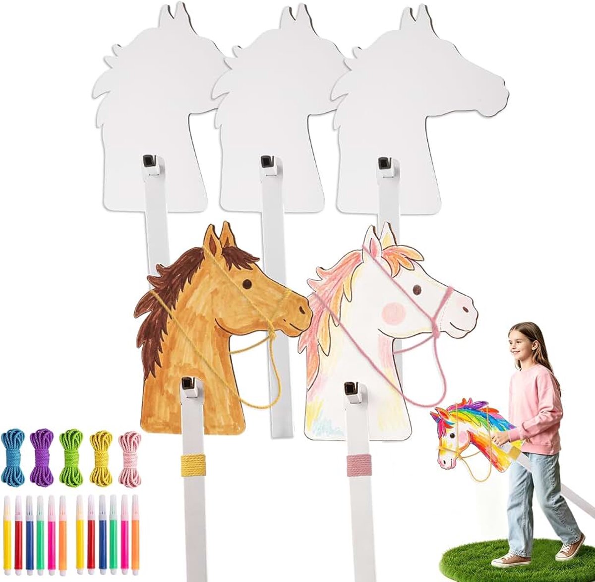 5 Kartonnen Hobbelpaarden | Knutselpakket | Beschilderbaar en Versierbaar | Hobbelpaardenpakket met Halster en Kwast | DIY Knutselpakket voor Jongens en Meisjes