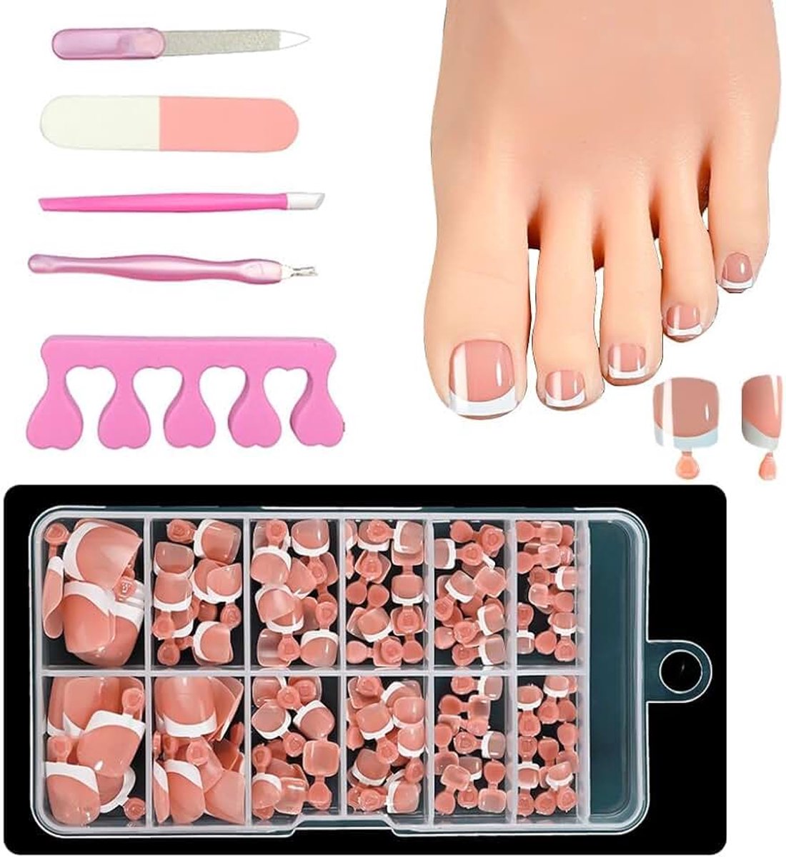 120 stuks kunstteennagels, teennagels om op te plakken, French full cover teennagels, valse teennagels, press on teennagels met 5 stuks pedicureset (huidkleur)
