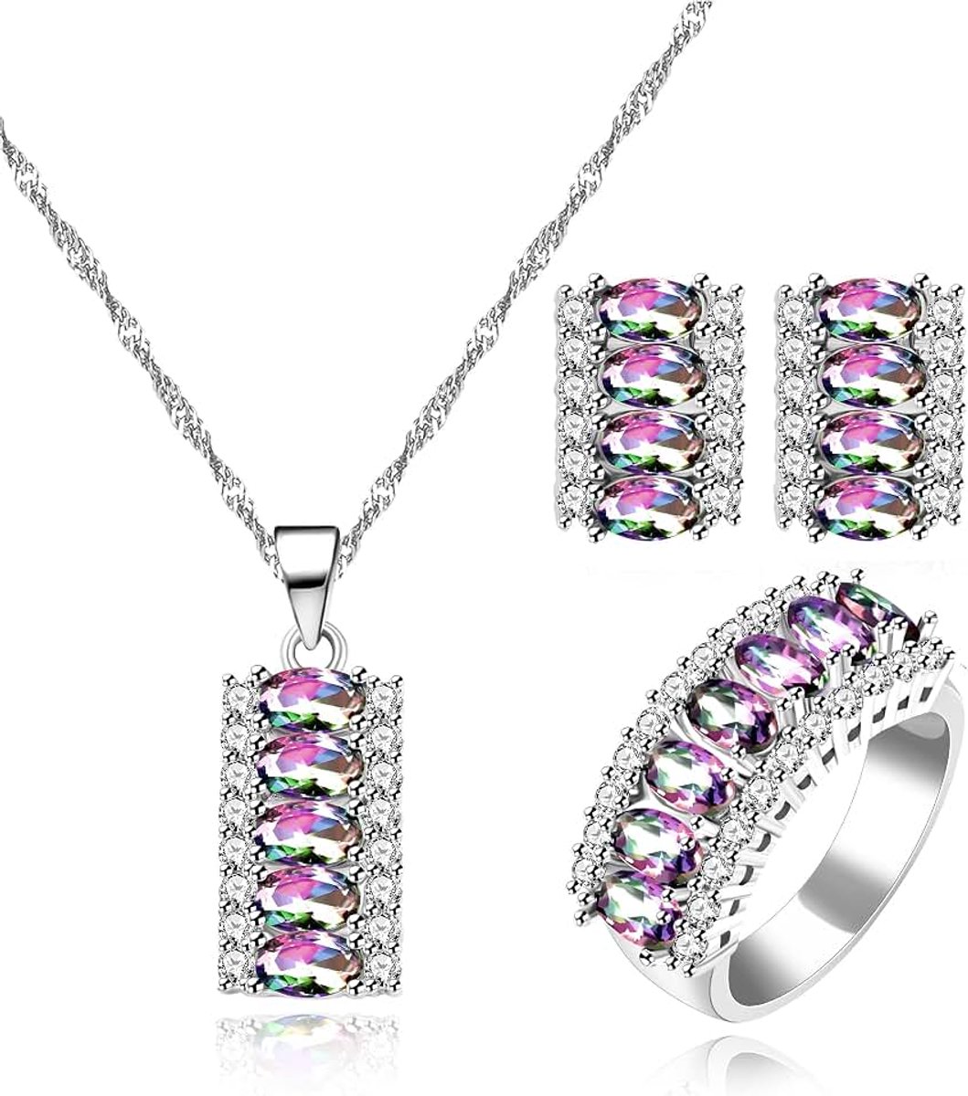Platina vergulde ovale geslepen zirkonia 7 stenen ketting oorbellen en ring halve maan partij sieraden set T502