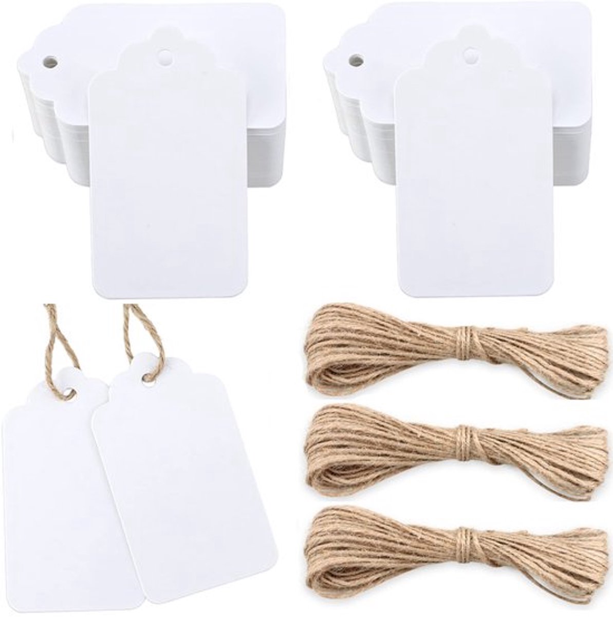 - Cadeauhangers - Kraftpapier - 200 stuks - 7 x 4 cm - Jute koord - Perfect voor bruiloften en verjaardagen - Wit