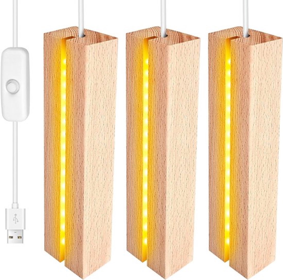 Led-lichtbasis van hout: set van 3, rechthoekig design, USB-aangedreven, geschikt voor kristal, acrylplaat, glas en hars, 20 cm lang