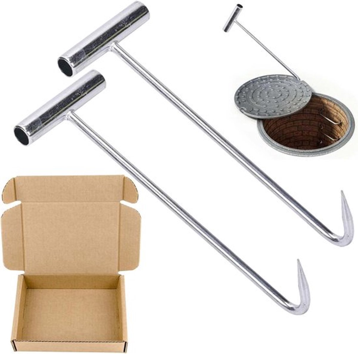 Kanaaldeksellifter Set van 2 - Heavy-duty Hefhaken - Roestvrij Staal - 30 cm lang - Zilverkleurig
