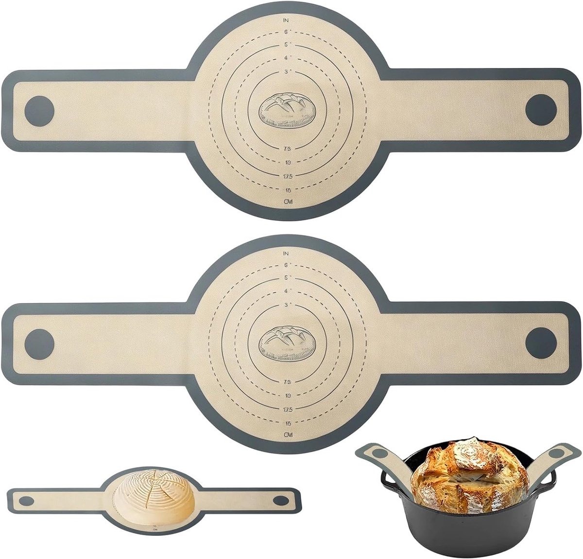 2 stuks broodbakmat voor pan, ronde siliconen mat, brood bakken, zuurdeegbakmat met 2 lange handgrepen, herbruikbare siliconen broodlus, voor het kneden en bakken