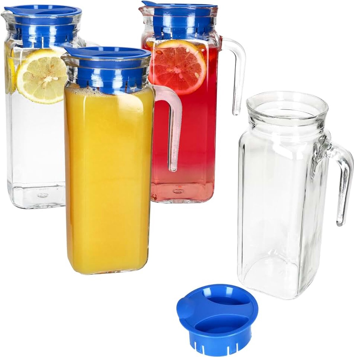 Koelkastkruik met blauw kunststof deksel, 1 liter, vierkante glazen karaf met schenktuit en handvat voor ijsthee, water, sap, melk enz.