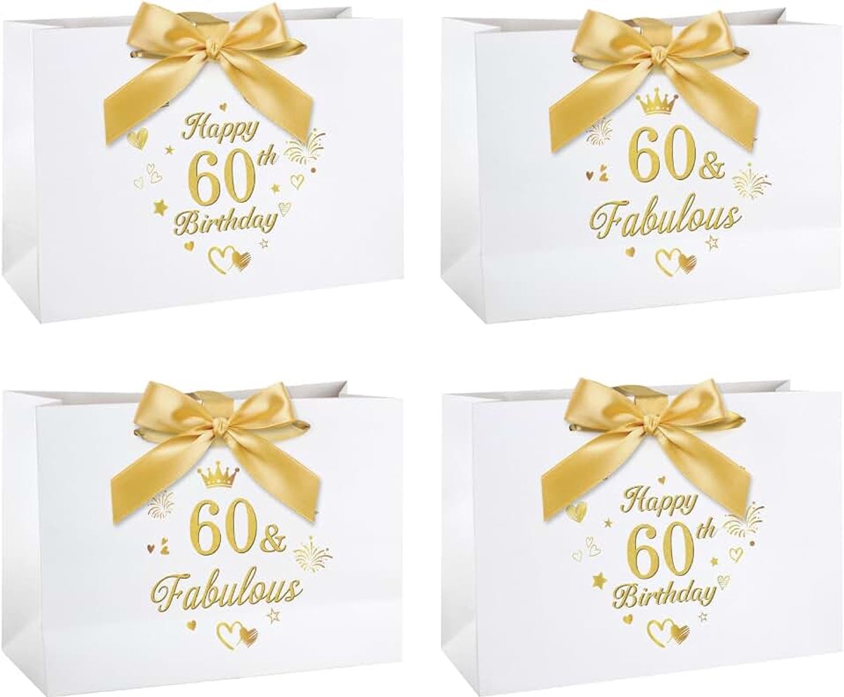 Cadeauzakjesset, 60e verjaardag, cadeauzakjes met lint, geschenkzakjes voor 60e verjaardag, met handvatten, 4 stuks, 30 x 21 x 10 cm, grote cadeauzakjes