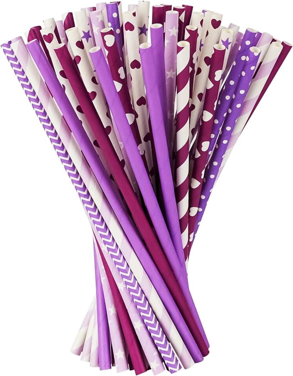 Rietjes in paars, 5 soorten papieren rietjes, herbruikbaar, cocktailrietjes van papier, voor inmaakpot, glas, verjaardag, bruiloft, Kerstmis, babyshower, feest, feest