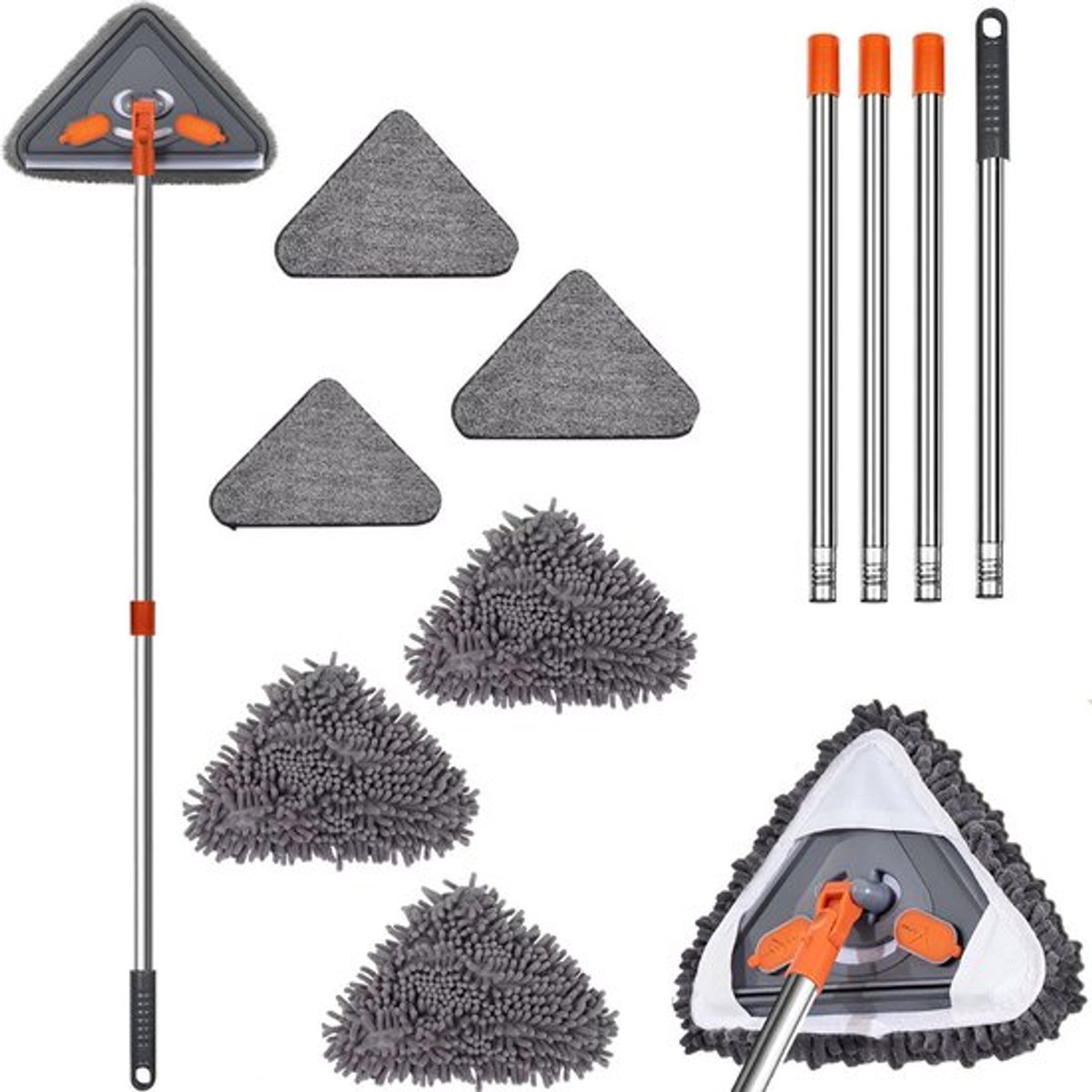 Muurreinigingsmop met een steel van 200 cm, 360° draaibaar, geschikt voor het reinigen van muren/plafondventilatoren/stof/vloeren/kasten, plafondreinigingstool, stofdoek met schraper, 6 vervangende pads.