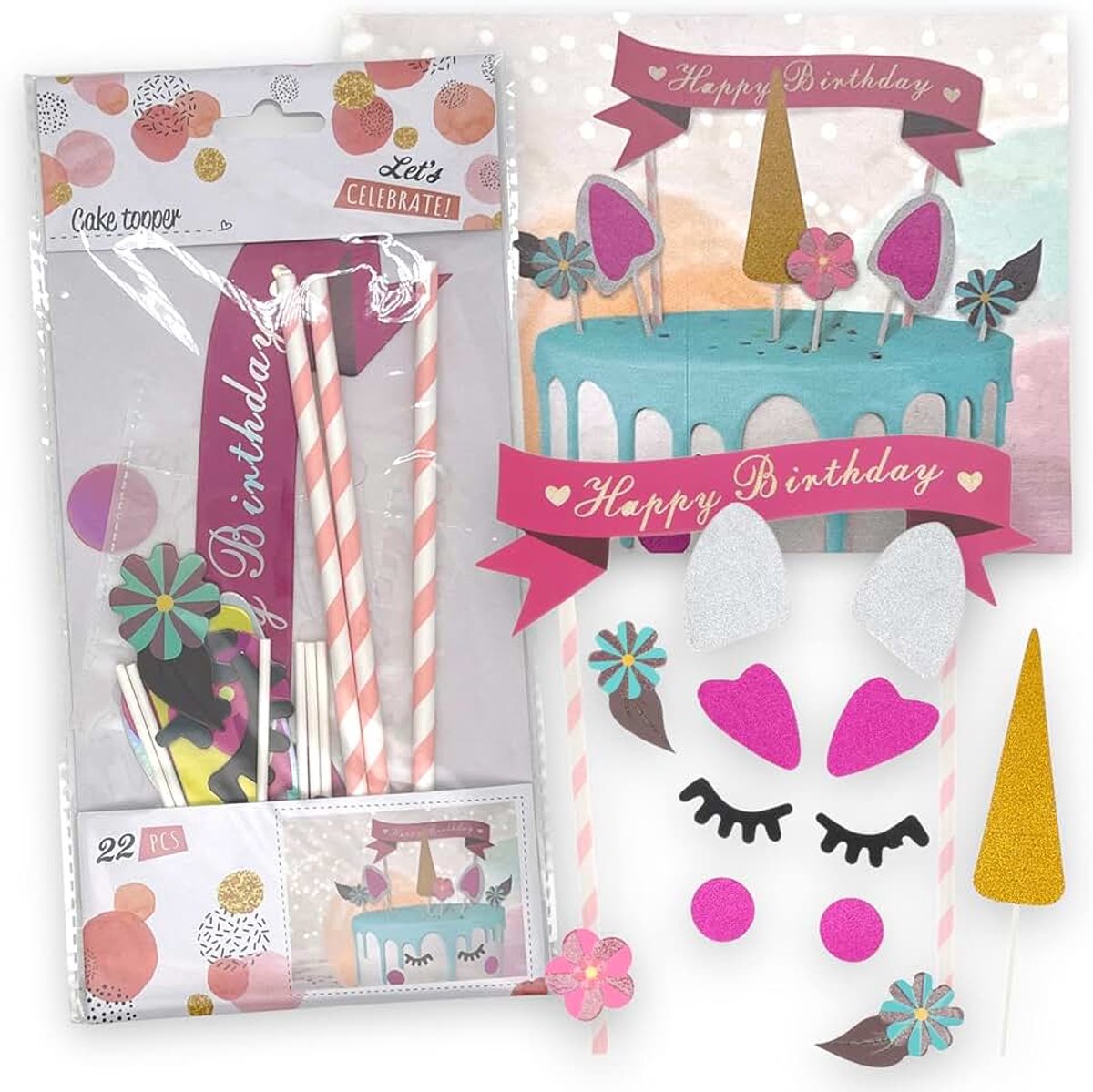 Taartdecoratie, 22 stuks eenhoorntaart, Verjaardag, Jubileum, Cupcake-decoratie, Happy Birthday, Taarttoppers