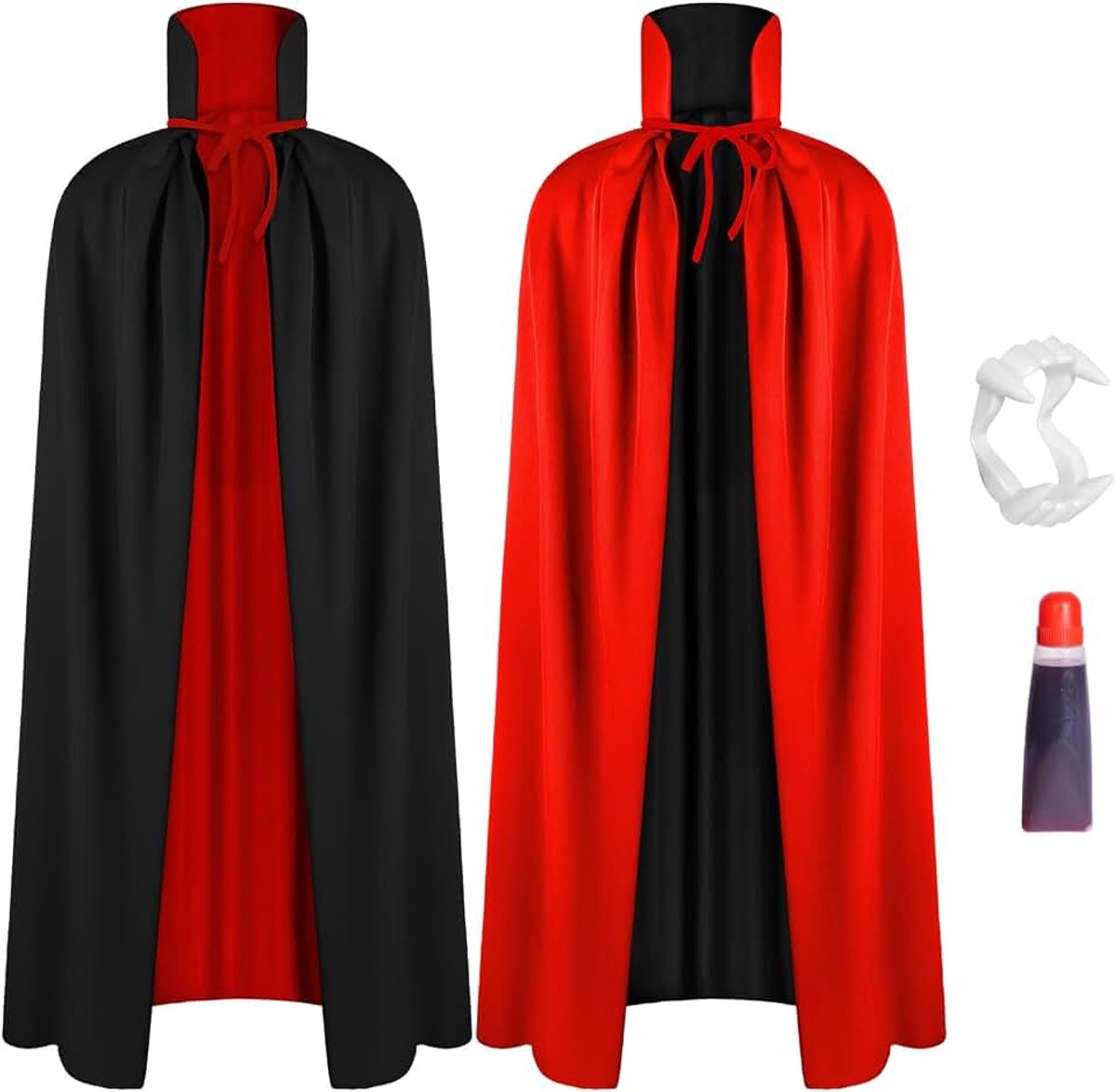 Zwart-rode cape, cape met capuchon, dubbelzijdig, met vampiertanden, vampierkostuum, cape, set voor volwassenen en kinderen, voor Halloween, carnaval, Kerstmis, 150 cm, 90 cm