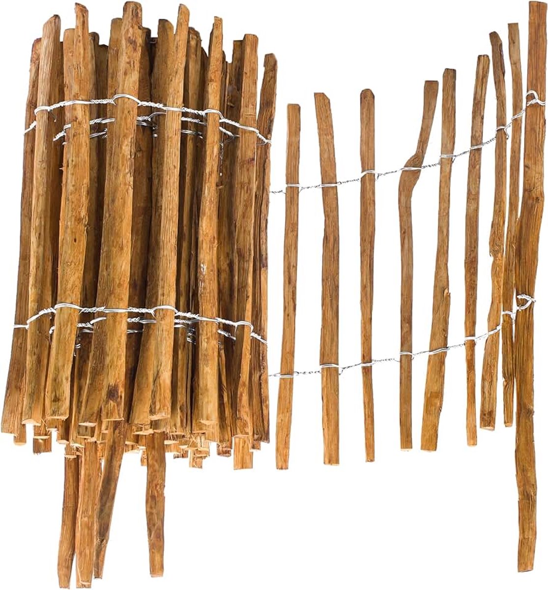 Hazelnoot-rol-insteekhek van bruin geïmpregneerd hout, 60 cm hoog en 500 cm lang, houten omheining, latafstand 4-5 cm, perfect als borderrand of padafbakening