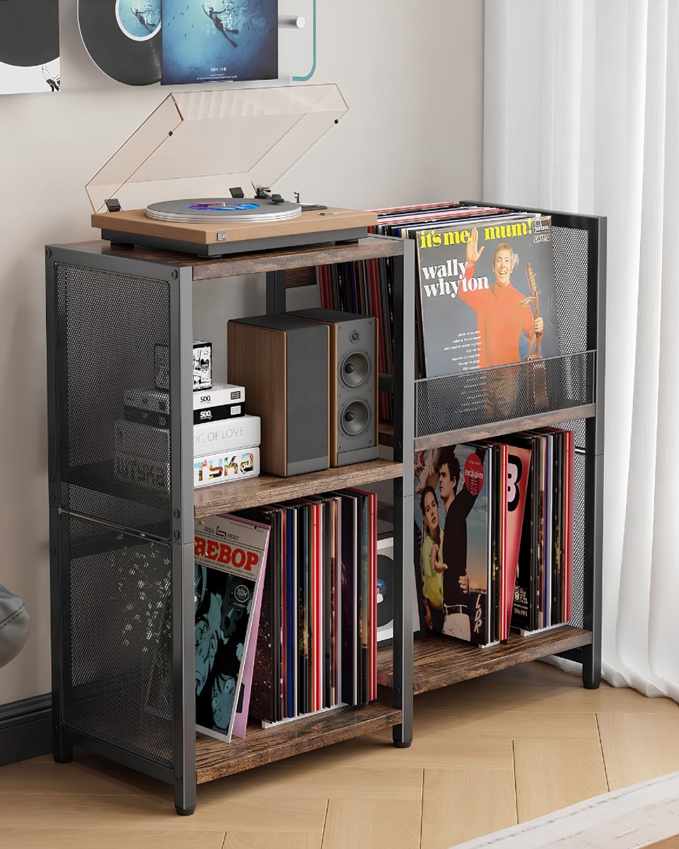 NIVA® Platenspeler Meubel - 3 Planken - LP Opbergsysteem - Platenspelerkast - Zwart/Bruin - 82cm x 30cm x 77cm