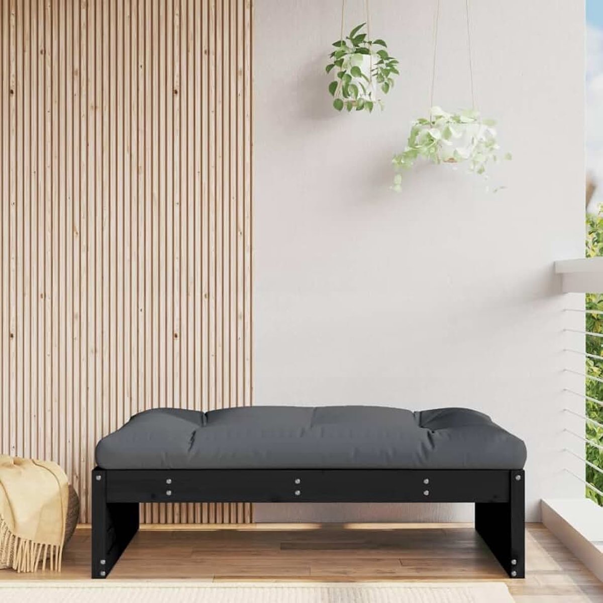 Tuinkruk van massief grenenhout, zwart, 120 x 80 cm, tuinmeubelen, kruk, salontafel, pallets, tuin, voetenbank, pallets, meubels, pallets, terras, type 2