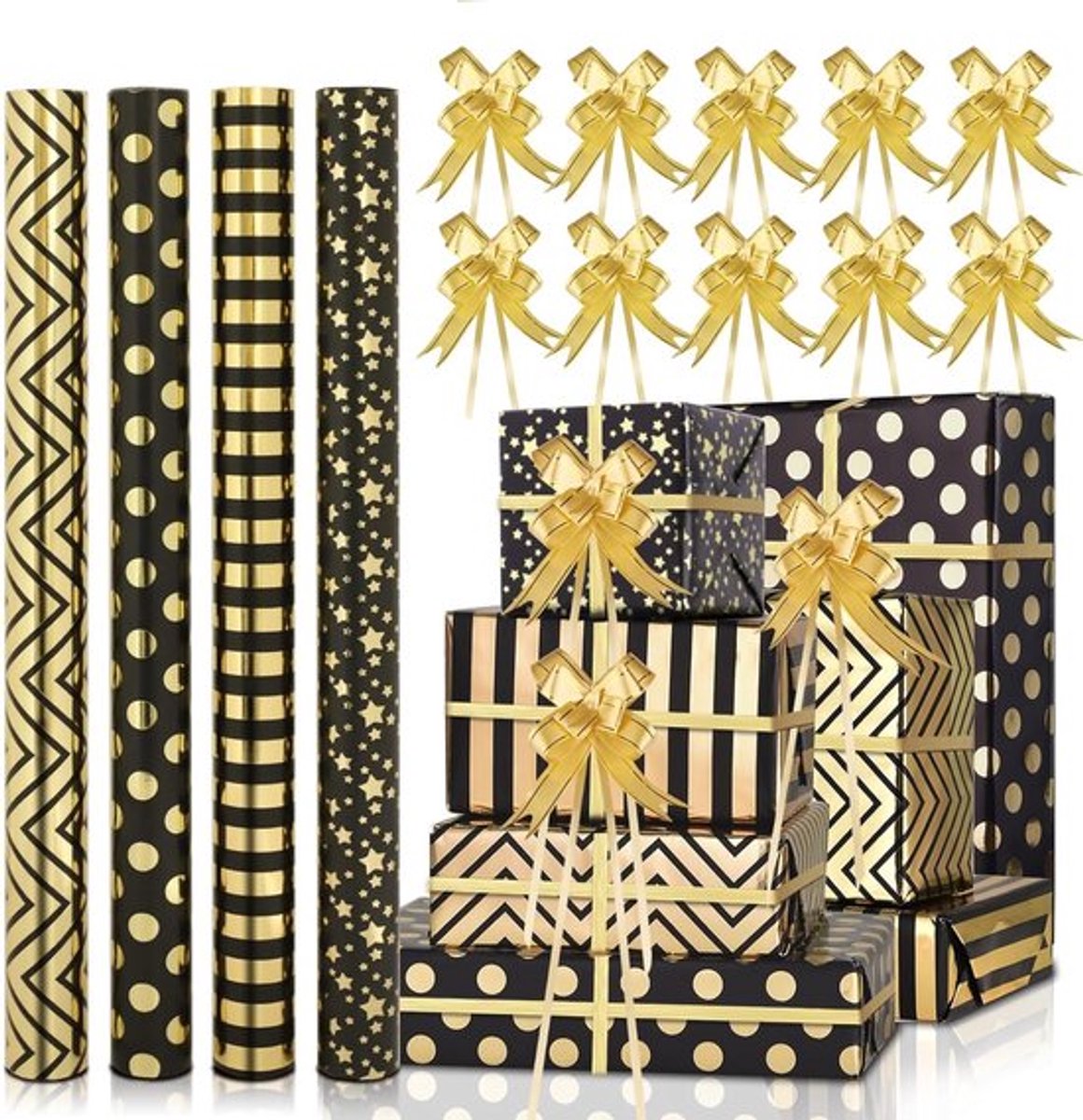 Set van 4 Metallic Cadeaupapier Rollen 43cm x 3m voor Verjaardagen en Bruiloften met 10 Stuks Lint, Goud Kerstpapier voor Kerstmis en Nieuwjaar