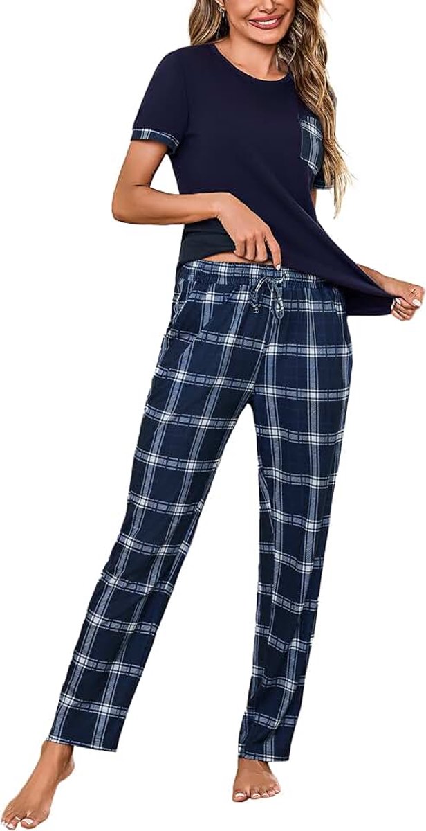 Damespyjama-set met korte mouwen, katoenen pyjama, loungewear, zachte nachtkleding, nachtkleding, set met zakken