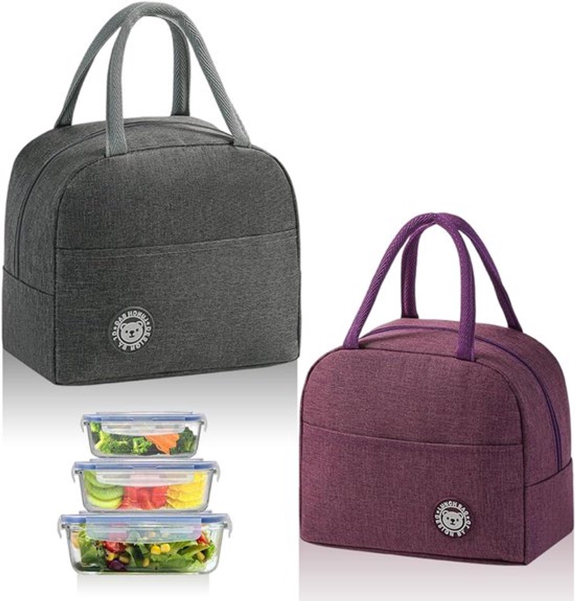 Opvouwbare geïsoleerde lunchtas 2 stuks - Grijs en Paars - Draagbare lunchbox - Thermotas - Klein en Draagbaar - Voor Lunch, Fruit en Picknick - Cadeau Idee - 23 x 21 x 13 cm
