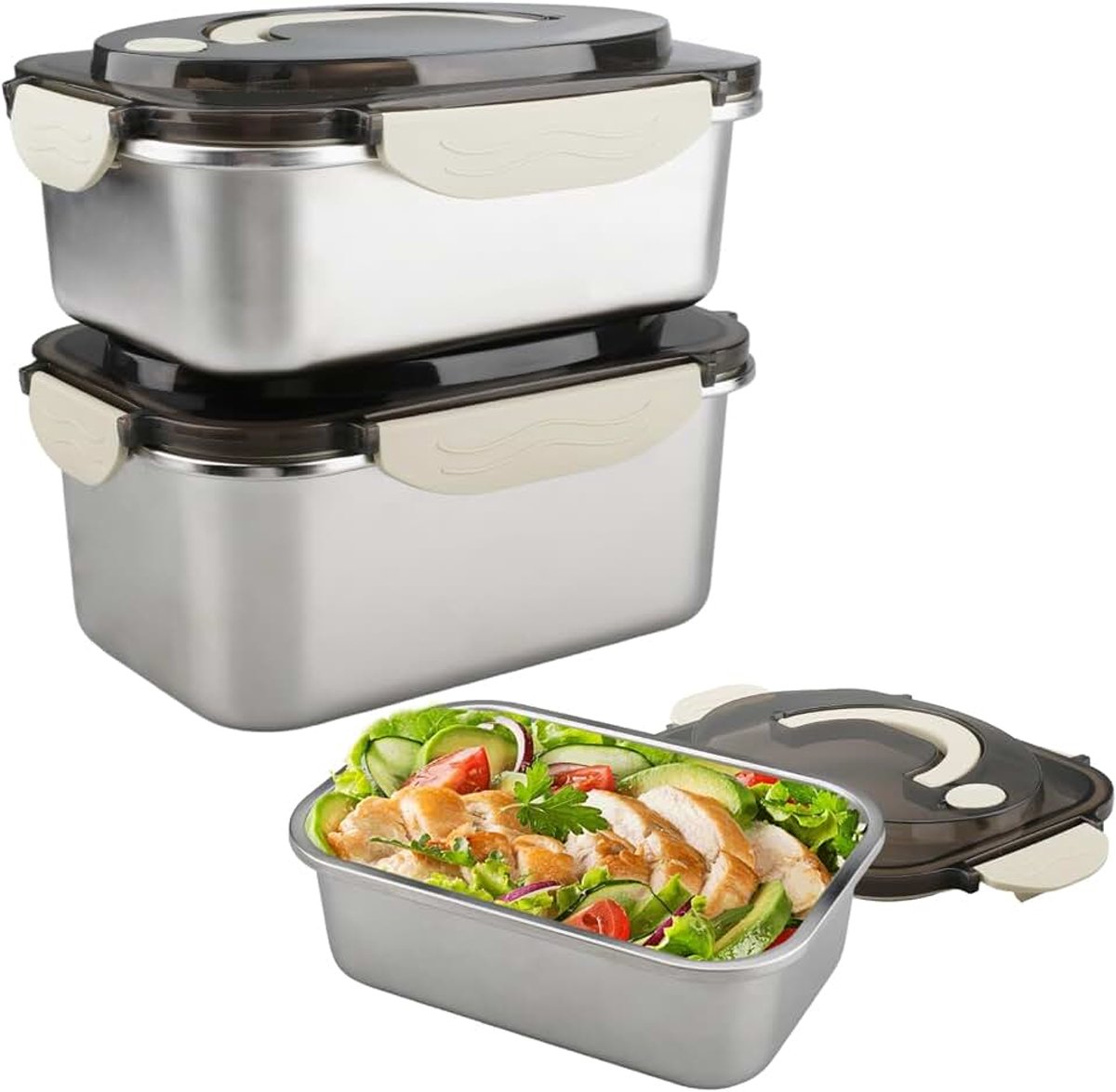 2 x voedselcontainers van roestvrij staal | Luchtdichte container met deksel met verborgen handgreep, voor oven, vriezer, vaatwasser (1700 ml + 2100 ml)
