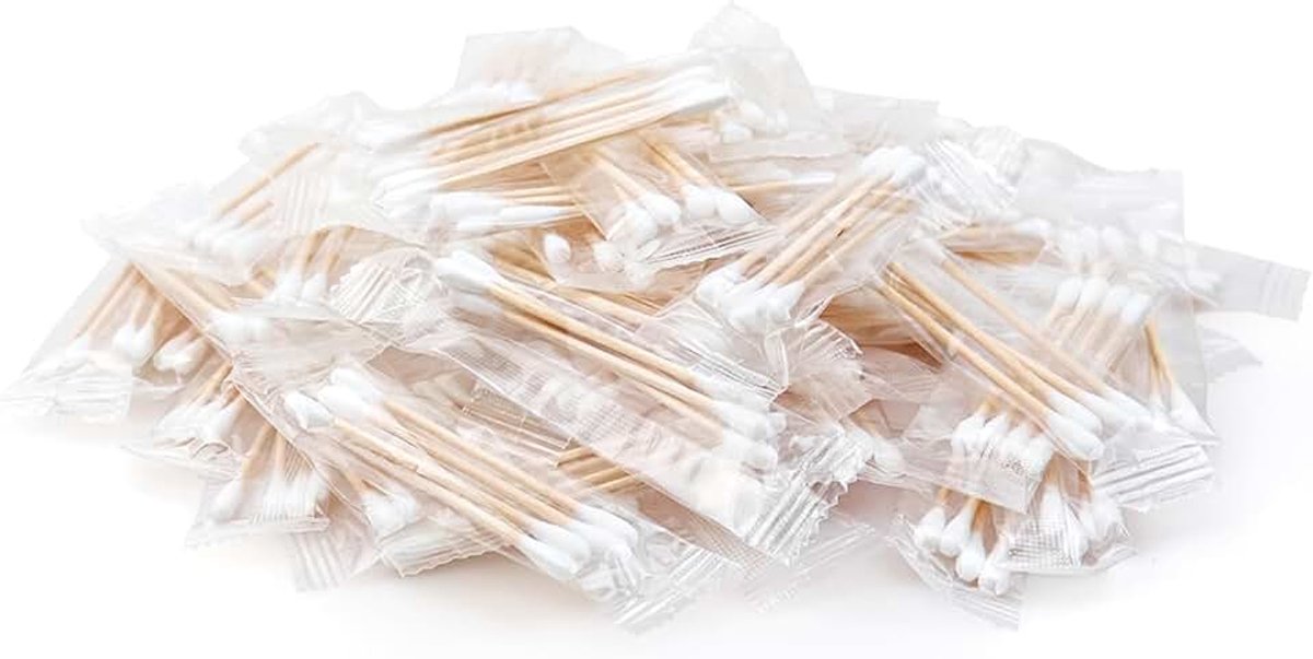 100 stuks wattenstaafjes, individueel verpakte wattenstaafje, individueel verpakte houten stokjes met dubbele punt voor oor, make-up (4 stuks per zak, 100 zakken, dubbel rond uiteinde)