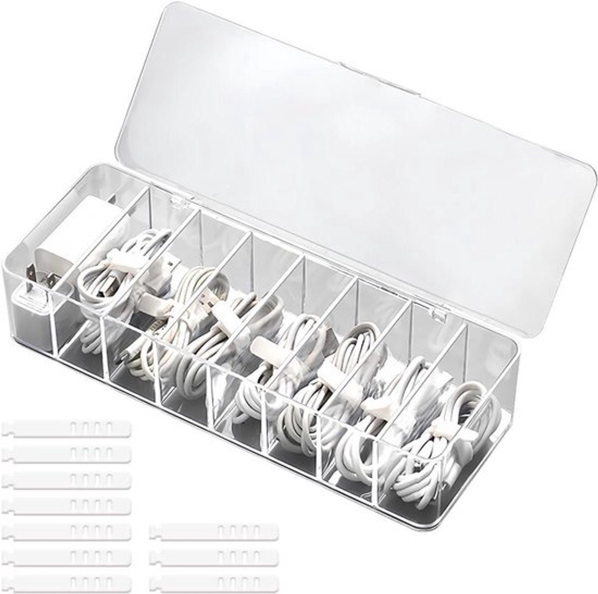Opbergdoos voor datakabels met 8 vakken en kabelbinders - Transparant - Praktische kabel organizer