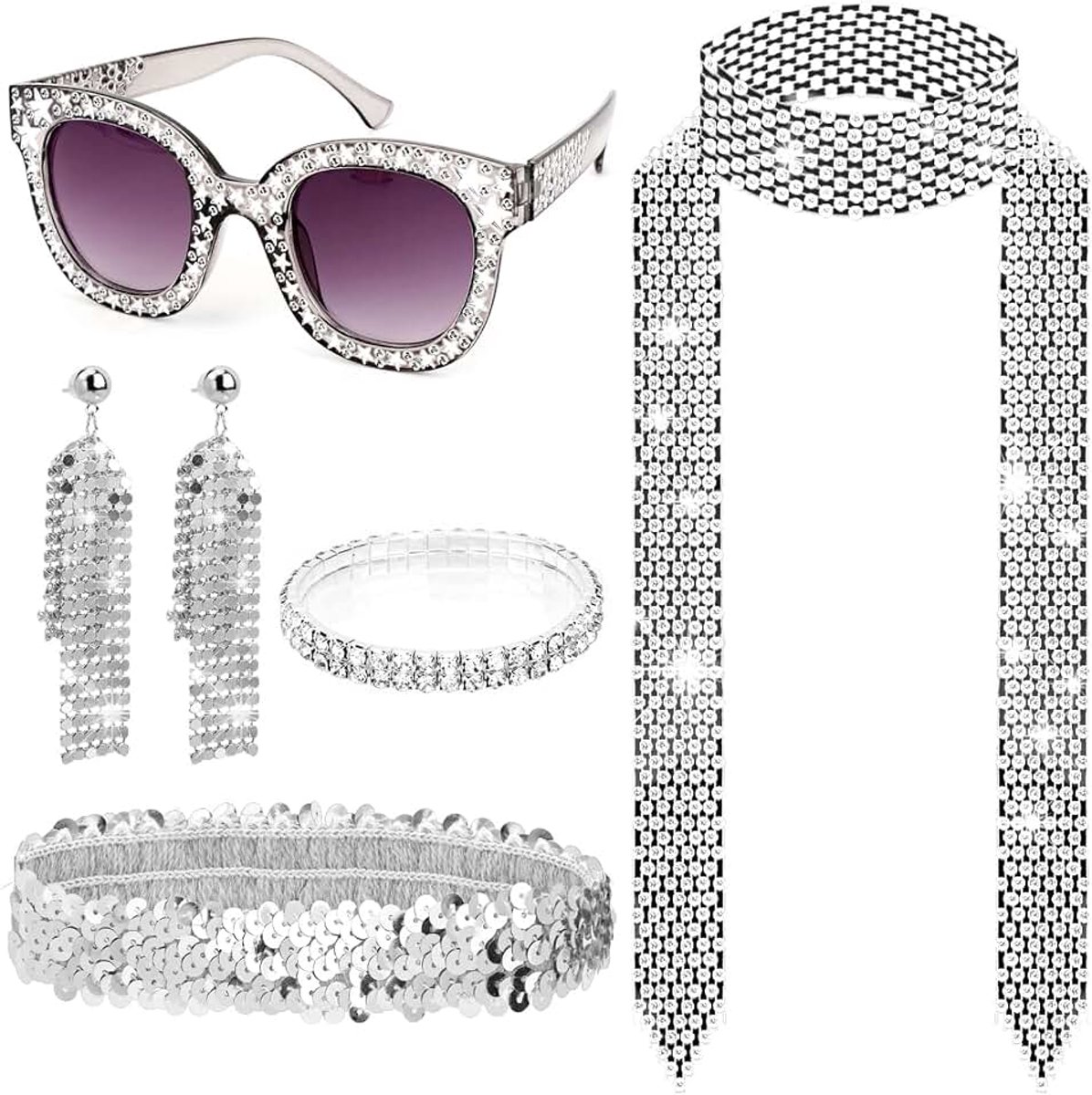 Disco-accessoires uit de jaren 70 jaren '70, discobril, disco-bal, oorbellen, sprankelende pailletten, jaren 70, disco verkleedkleding voor vrouwen, jaren 70-accessoires voor vrouwen, jaren
