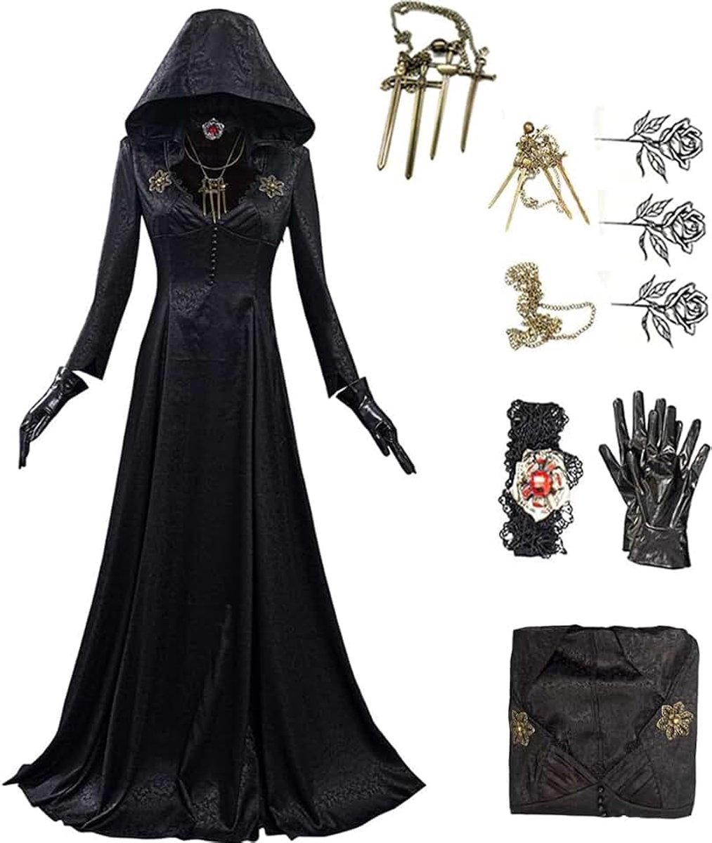 Carnaval Middeleeuwse Hooded Jurk Cosplay Kostuum Outfits Halloween Suits Vrouwen Zwart