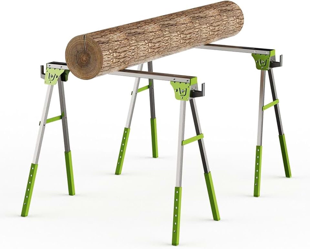 2-delige inklapbare metalen zaagbok, werkbok, 1200 kg, 6-traps in hoogte verstelbaar (28-35 cm), industriële A-vormige standaard met haak voor werkplaatsen en bouwplaatsen (groen)