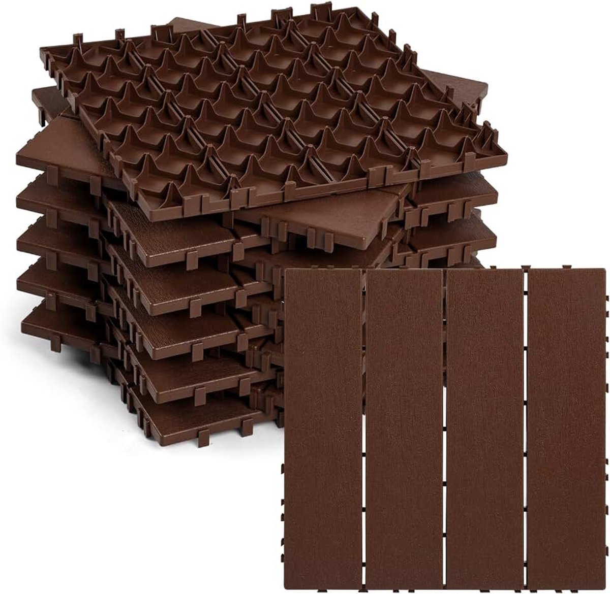Terrastegels 30 x 30 cm in houtlook, kunststof vloerbedekking met drainage-kliksysteem, voor zwembadrand, sauna, balkon, terras, waterdicht, schimmelbestendig, 33 stuks/3 m² roodbruin