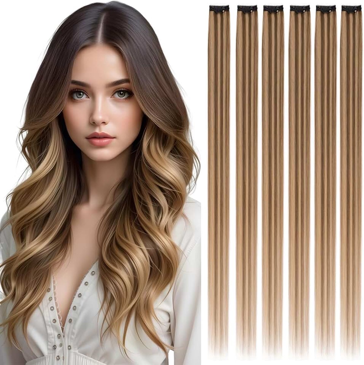 Choices Clip-in extensies, echt haar, 6 stuks, 35 cm, #4/27 balayage, blond, echt haar, extensions met natuurlijk glad, Remy-haar, 36 g, Onzichtbare haarverlenging, clip-in haarlokken, dames