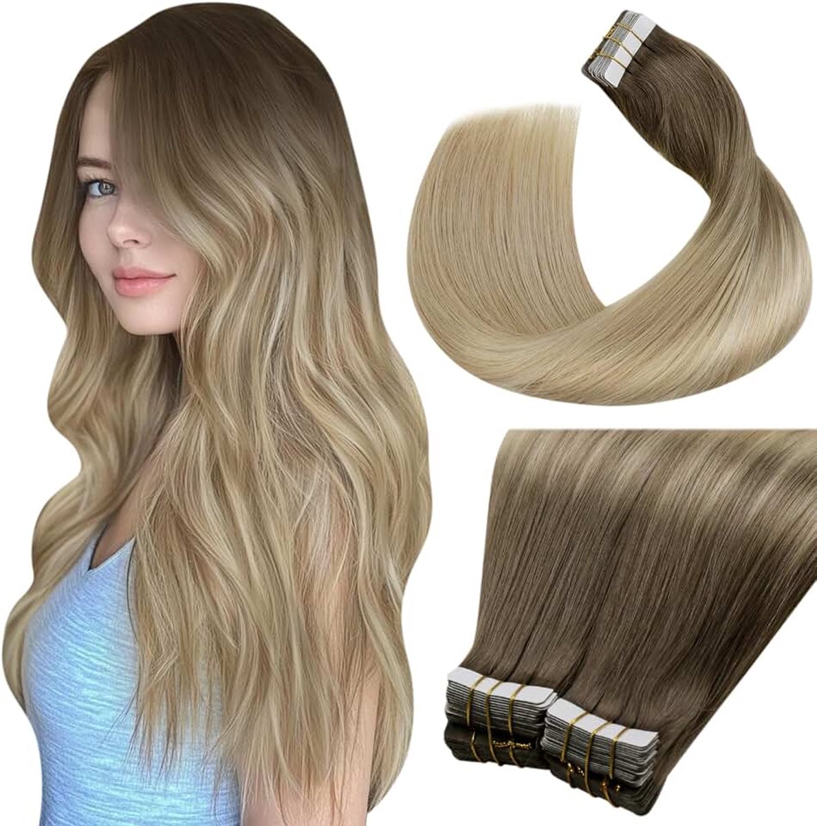 Tape in Hair Extensions Real Human Hair Balayage Lichtbruin tot Donkerblond en Wit Blond 35cm 40pcs 100g #8/18/60