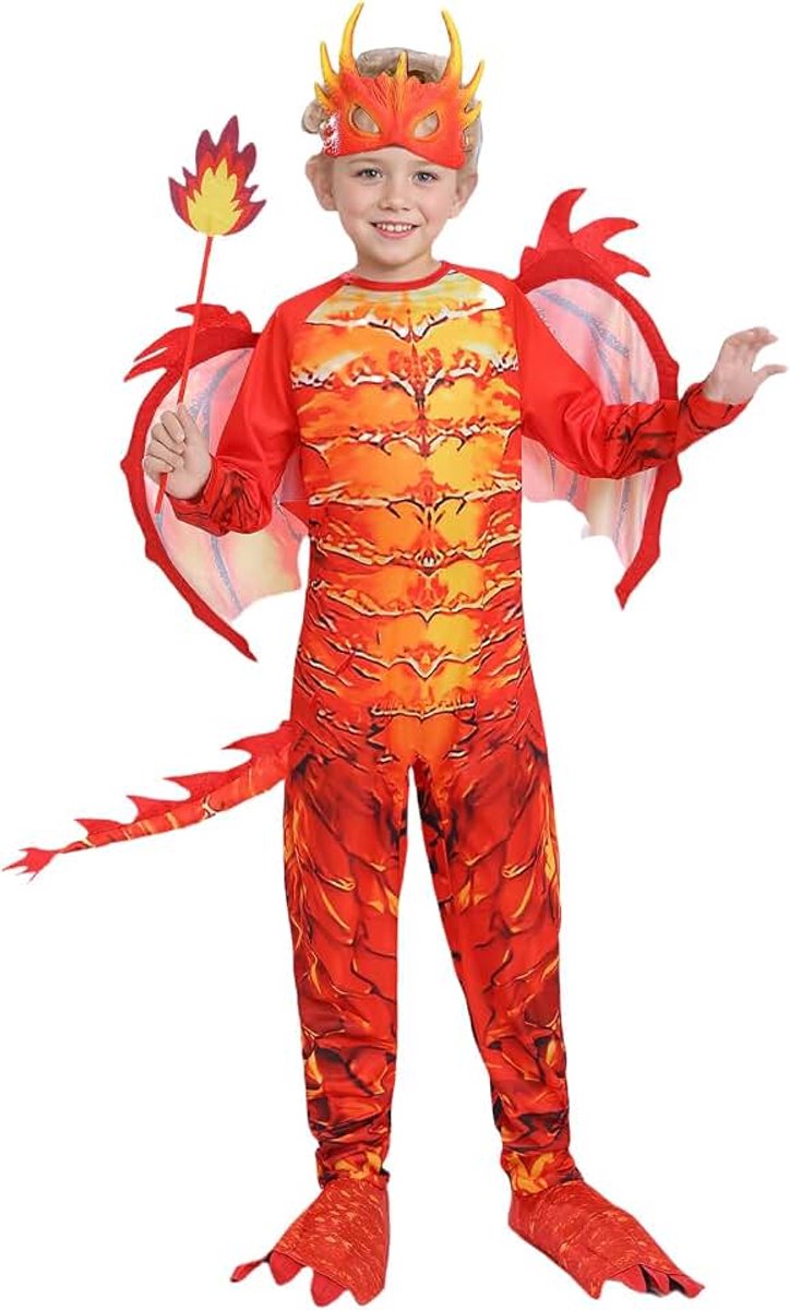 Drakenpak voor kinderen, draakpaardje, jumpsuits met drakenvleugels en masker, met brandende handstok en staart, drakenkostuum, voor feest, carnaval, cosplay kostuum