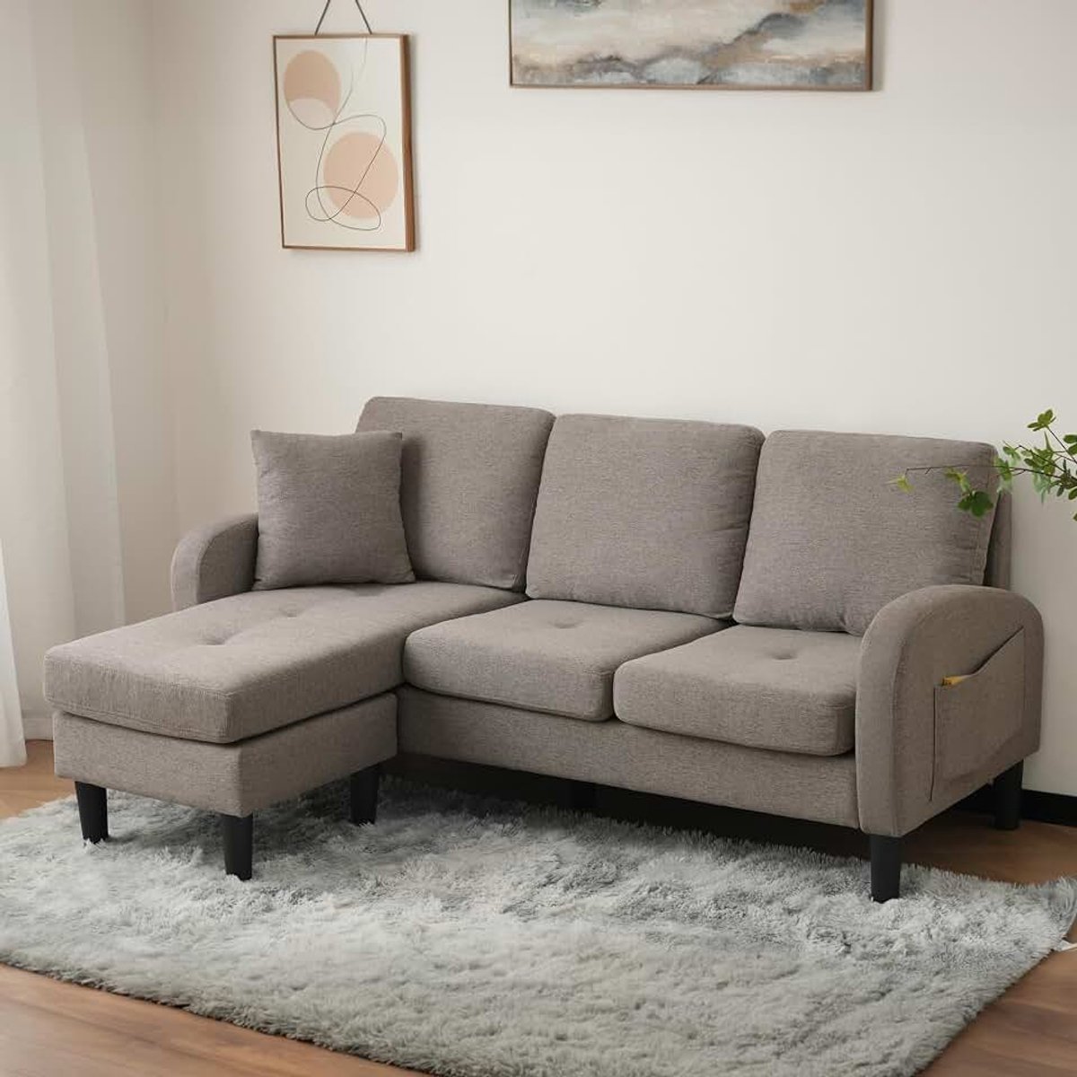 L-vormige hoekbank, 3-zits slaapbank met chaise longue en voetenbank, bank voor kleine woningen, grijs (Antique Dark Grey, 3-zits)