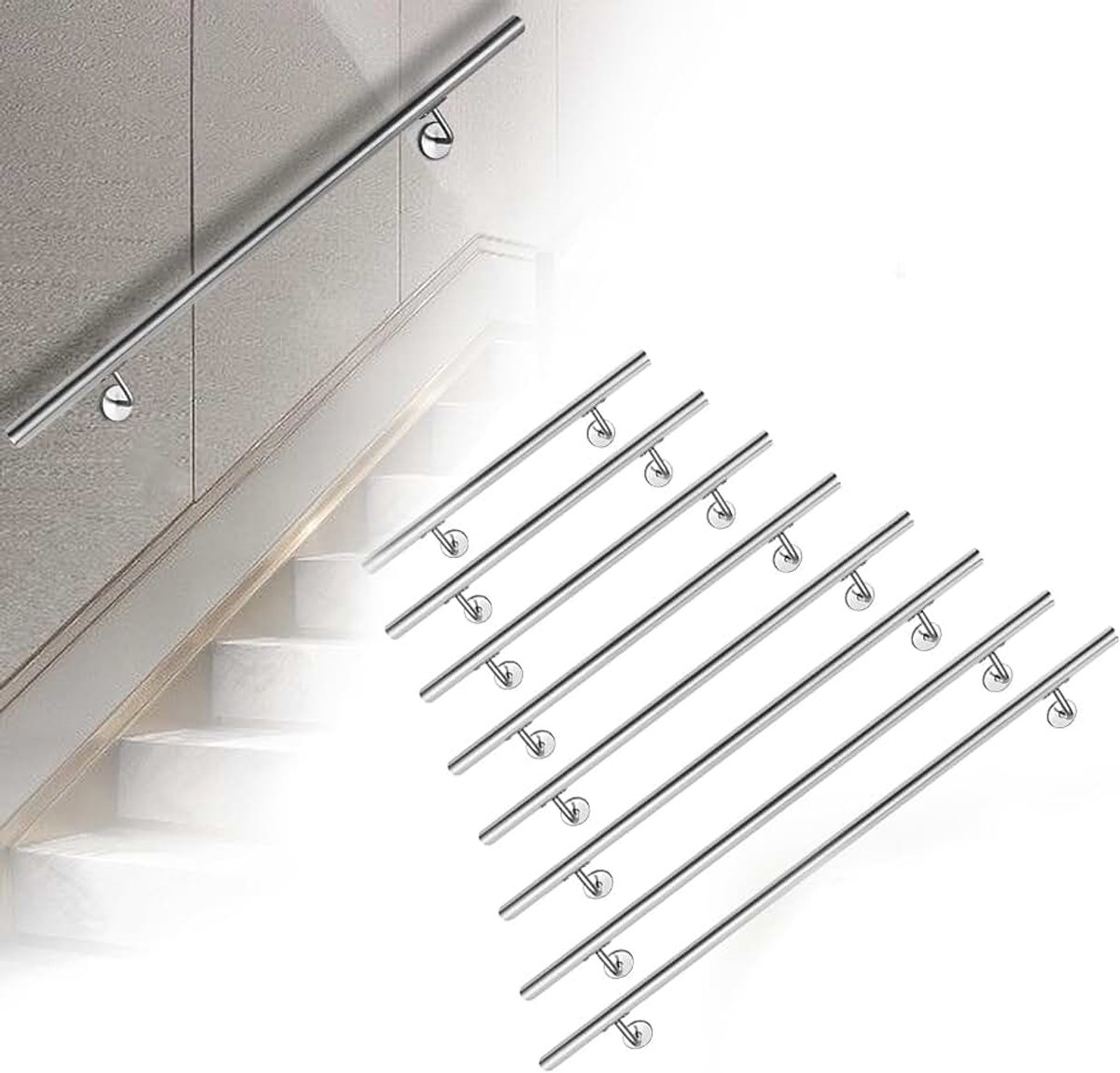 Roestvrijstalen leuning, trapleuning, reling met wandhouder en eindkappen, wandleuning, voor binnen en buiten, 180 cm