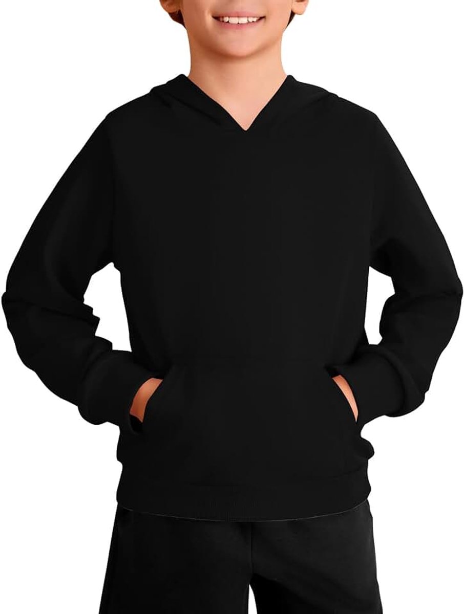 Sweatshirt met capuchon voor jongens, casual effen hoodie | Comfort Fit, kangoeroezak, geribbelde manchetten, lange mouw, normale pasvorm, school, PE, sport, kinderen, 5-14 jaar