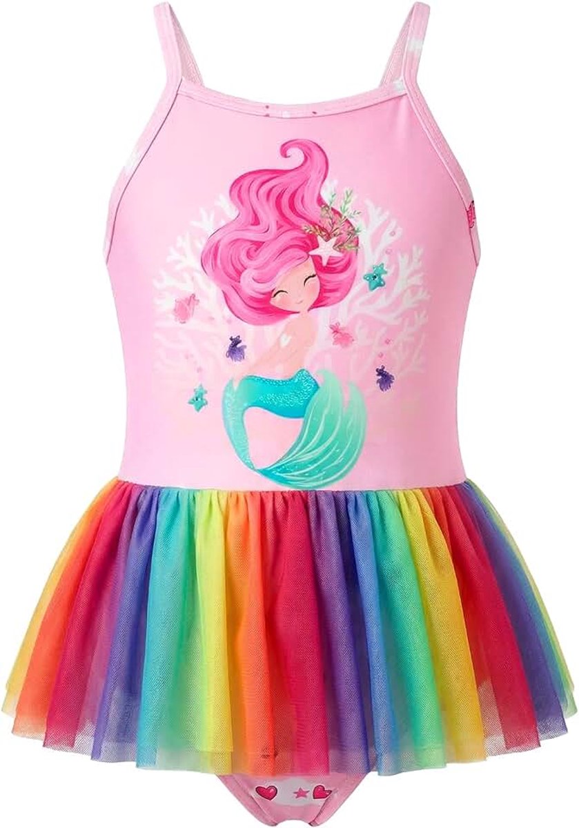Badjurk voor meisjes, eendelig badpak voor kinderen met regenboog-tule rok, schattige verstelbare bandjes, badmode, zwempak voor meisjes van 2-8 jaar (maat 98/128)