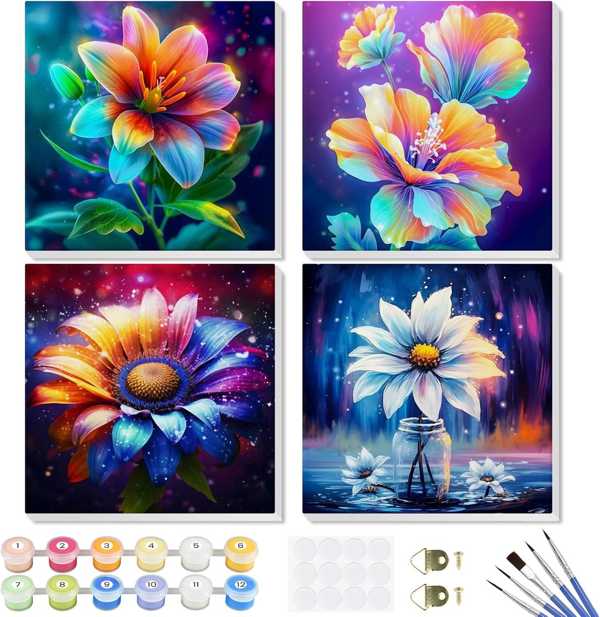 Schilderen op nummer voor volwassenen - 4 stuks - acrylschilderij met houten frame - creatief ontspannend - SnelShoppen