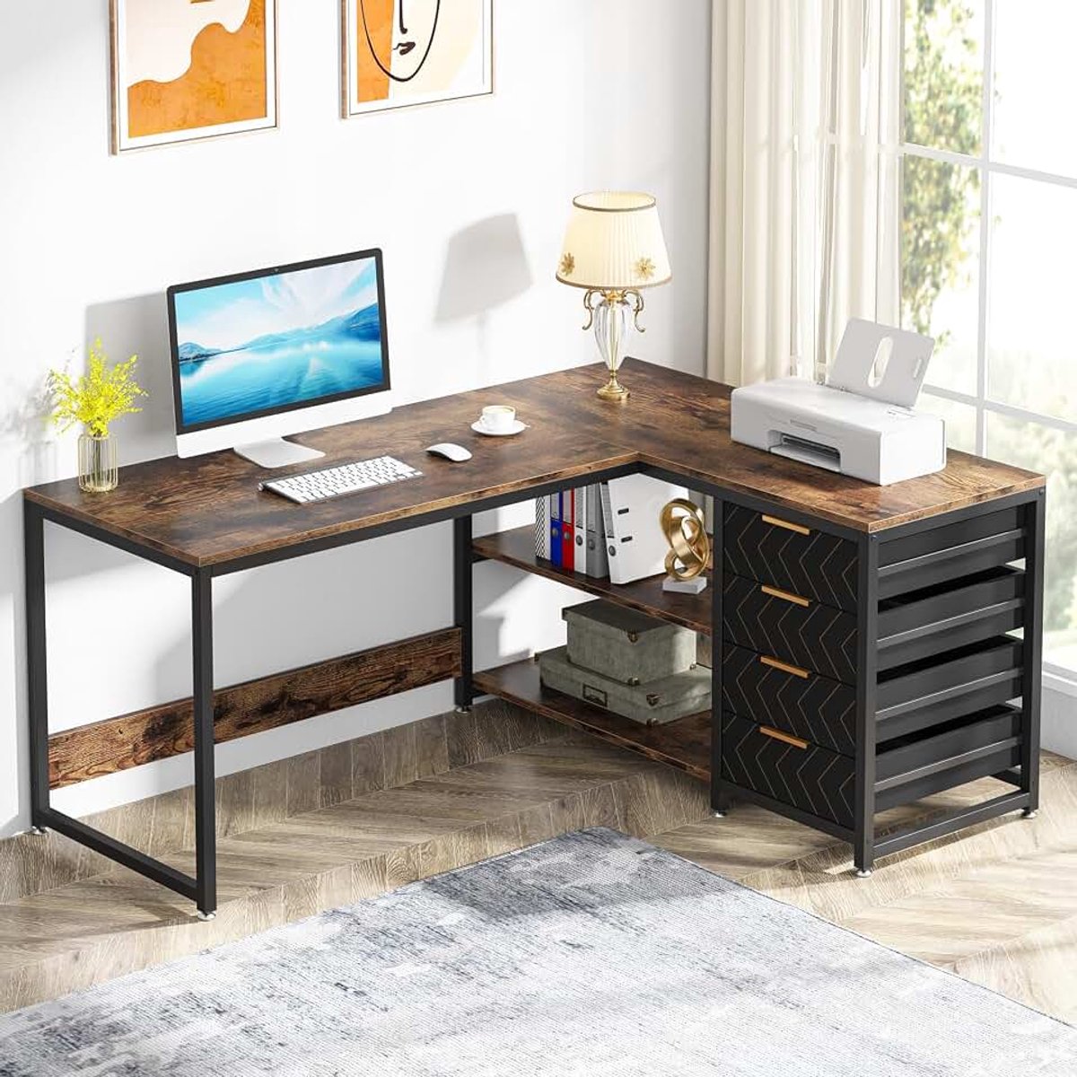 Bureau met 4 laden, L-vormige computertafel met 2 planken, omkeerbaar hoekbureau voor kantoor, werkkamer, woonkamer, 150 x 110 x 75 cm (bruin)