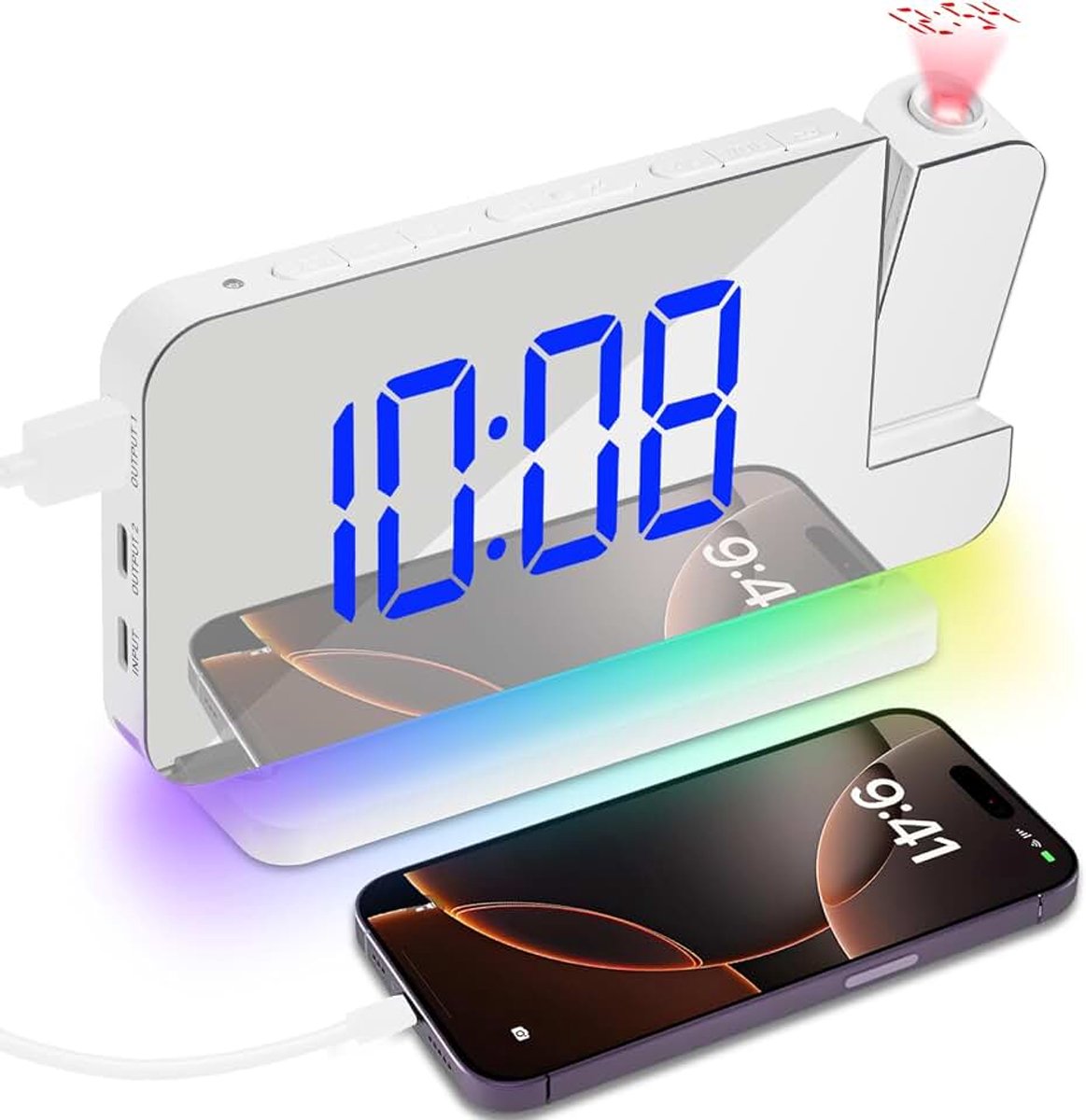 Projectiewekker, 7.4 Inch LED Display en Dimmer met 180 ° Projector, RGB Nachtlampje, 12/24 Uur, Instelbaar Alarmvolume, Snooze, USB Aansluiting, 4 Projectihelderheid voor Slaapkamer en Kantoor