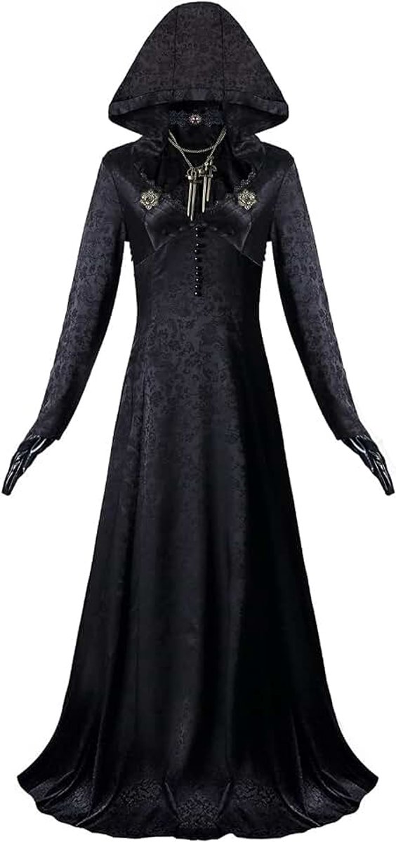 Evil 8 Vampire Madam Lady Dimitrescu Dochters Bela Dimitrescu Heks Jurk met Capuchon Accessoires Vrouw Gothic Cosplay Kostuum Outfits Pak Halloween Carnaval Fancy Dress Party