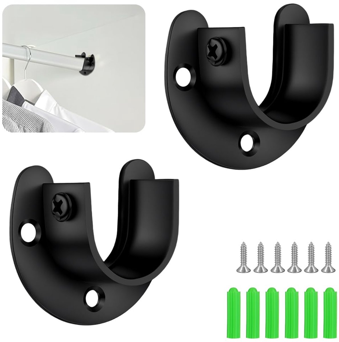 2 stuks kledingkastrailbeugel, kaststangbeugels, roestvrijstalen kledingstangbeugels, U-vormige flensstanghouder met schroeven voor kledingkast, badkamer, keuken, gordijn (32 mm, zwart)