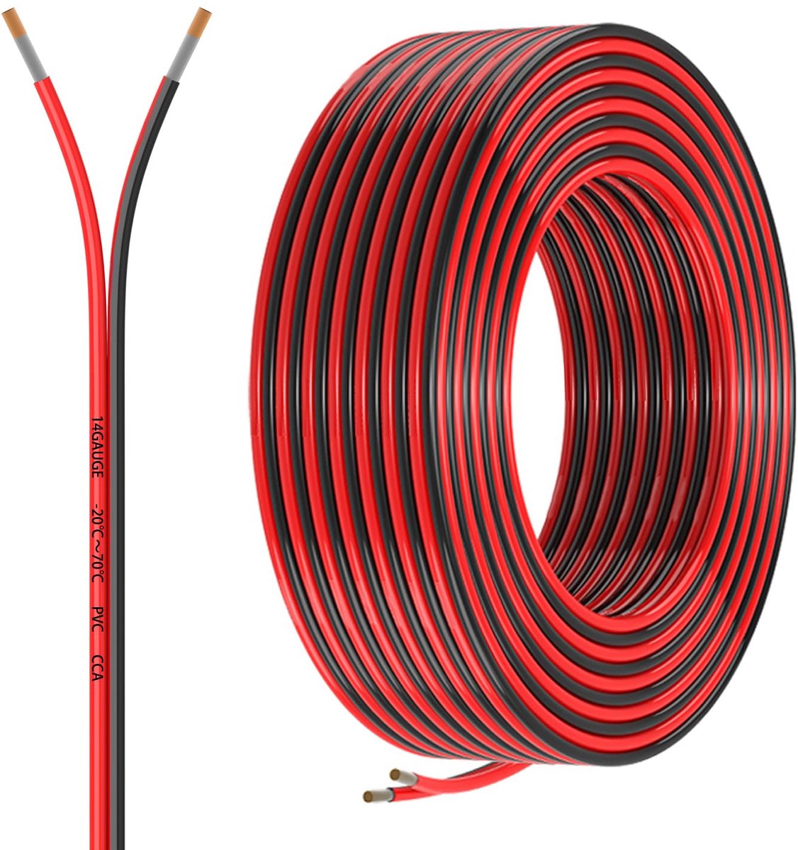 draad, 14 AWG, 2 geleiders, 9,2 meter, 2 x 2,08 mm², rode zwarte kabel, flexibele laagspanning, PVC, met koper beklede aluminium verlengkabel voor luidsprekerdraad, led-draad, 12 V/24 V DC