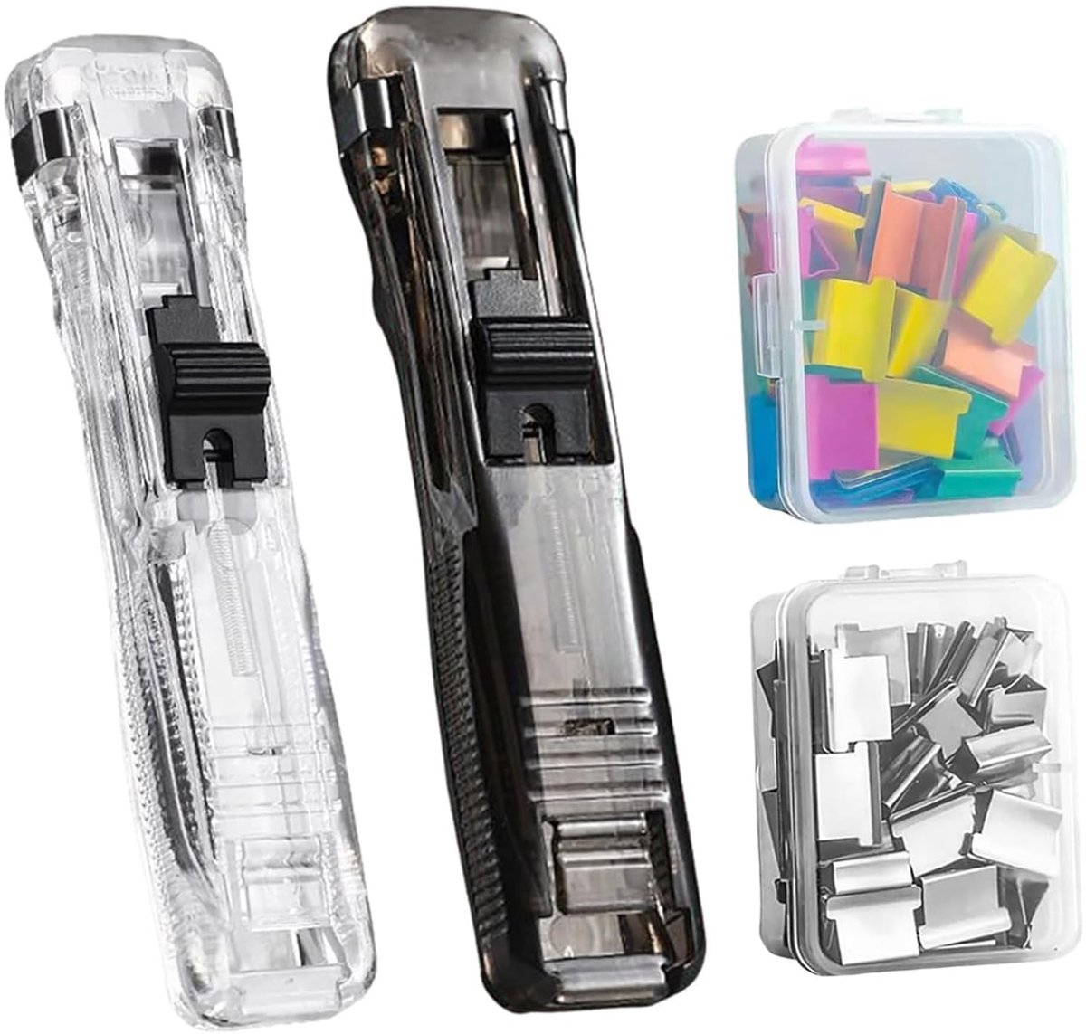 2 stuks herbruikbare creatieve nietmachine, nietmachinehouder met drukklem, binderclip-nietmachine met 100 roestvrijstalen nietjes, draagbare clipdispenser voor kantoor, school, thuis en onderweg (B)
