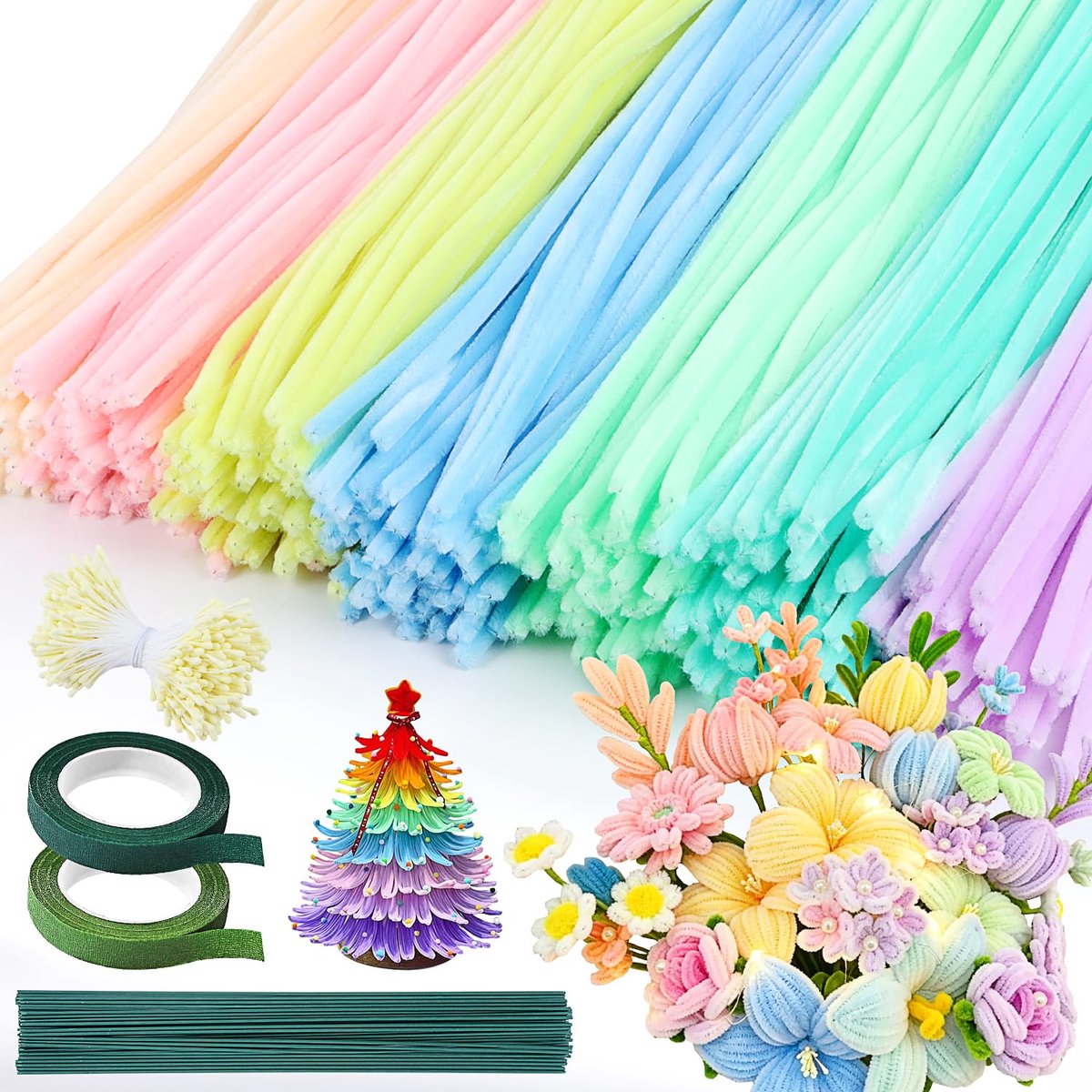 Chenilledraad 500 stuks Macaron Chenille Creatieve Hobby 7 Kleuren Pijpenreinigers met Bloemstampers Floratape en Kunstbloemensteeltjes voor Boeket- en DIY Decoratiebenodigdheden