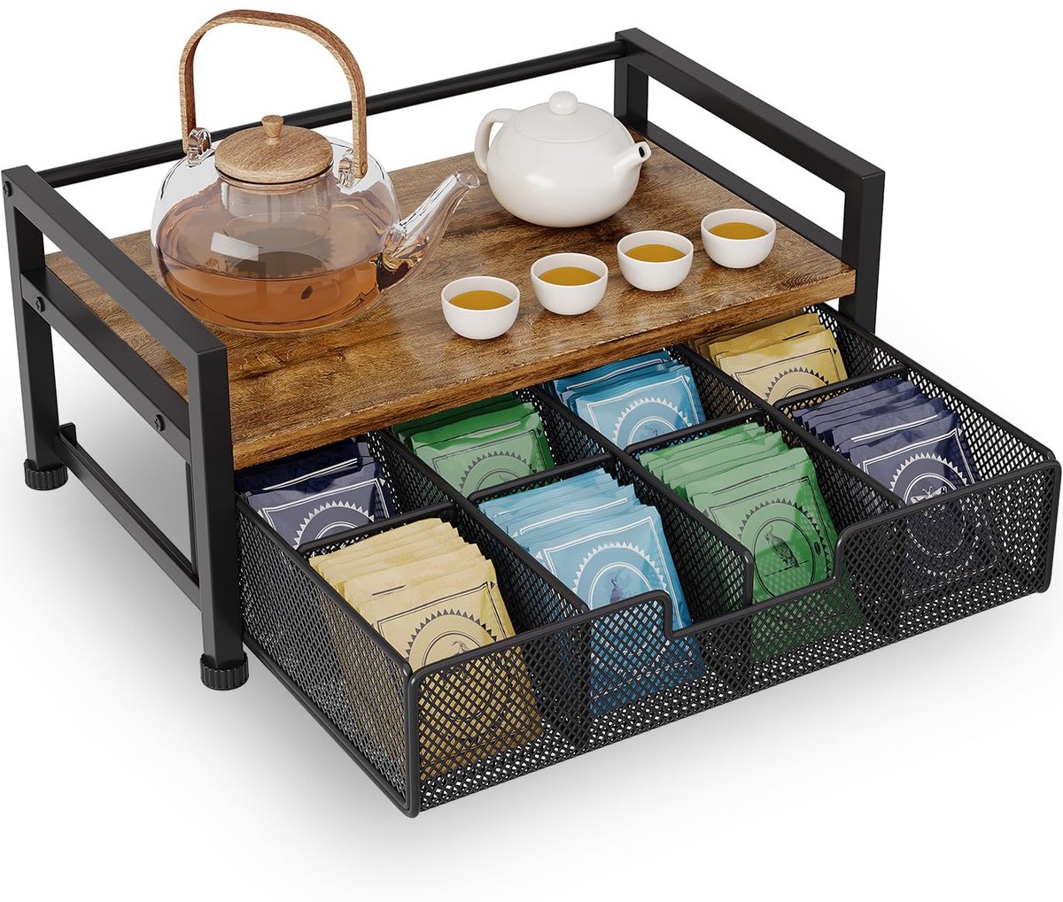 Theezakje Box Organizer Opslag met 8 vakken, Theezakje Houder Organizer Caddy met Lade, Thee Station Borst Container Accessoires, Zwart