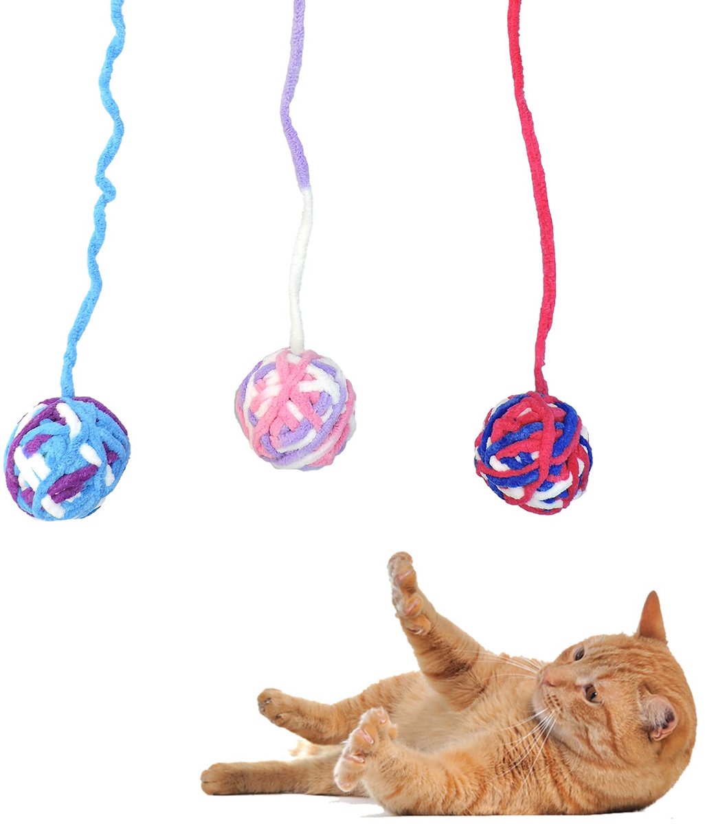 3 stuks kattenspeelgoed wollen bal met bel en snoer, kattenspeelgoed kleurrijke garenballen voor binnen en katten, interactief spelen