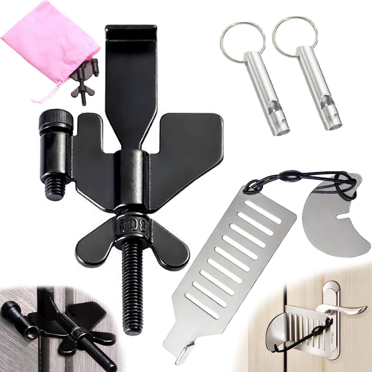 5 stuks deurslot set met opbergtas, klikdeurslot en fluitje, zonder boren, draagbaar deurslot voor thuis, hotel, scholen, appartement, slaapzalen