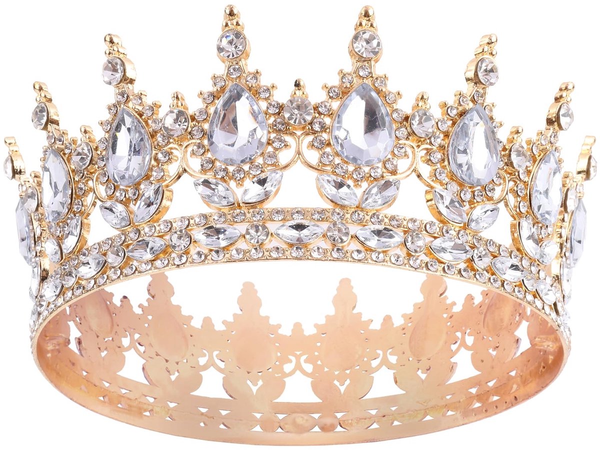 Verjaardag Dames Meisjes: Volle Ronde Vintage Diadeem Goud, Kristal Prinsessenkroon, Glinsterende Verjaardagskroon Volwassen Meisjes, Kroon voor Taart voor Bruiloft Feest Bal
