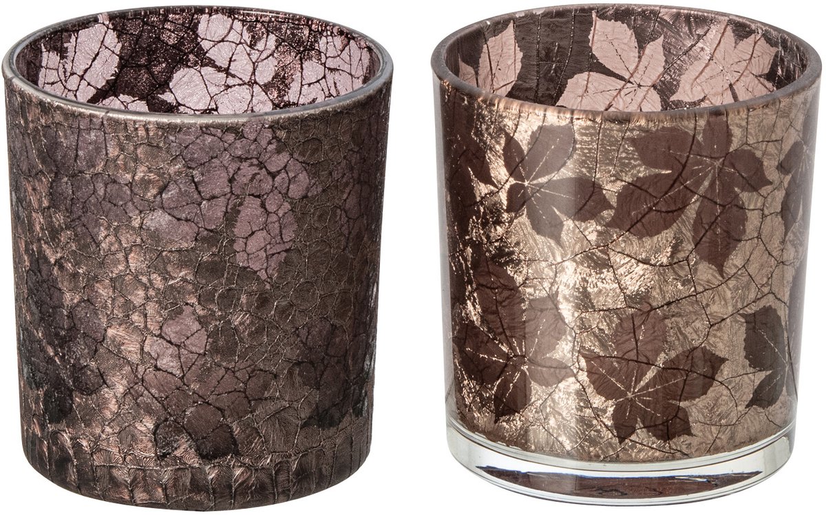 J-Line theelichthouder Bladeren Gekraakt - glas - donkerbruin/beige - small - 2 stuks